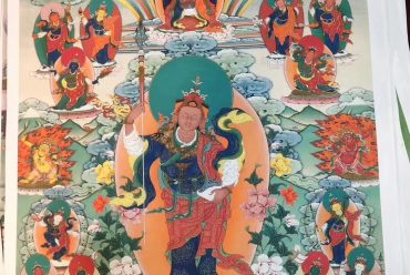 The Guru Rinpoche (Lotus Born) Thangka: "The 13 Golden Practices" (Sampa Lhundrub, All Wishes Naturally Accomplished)